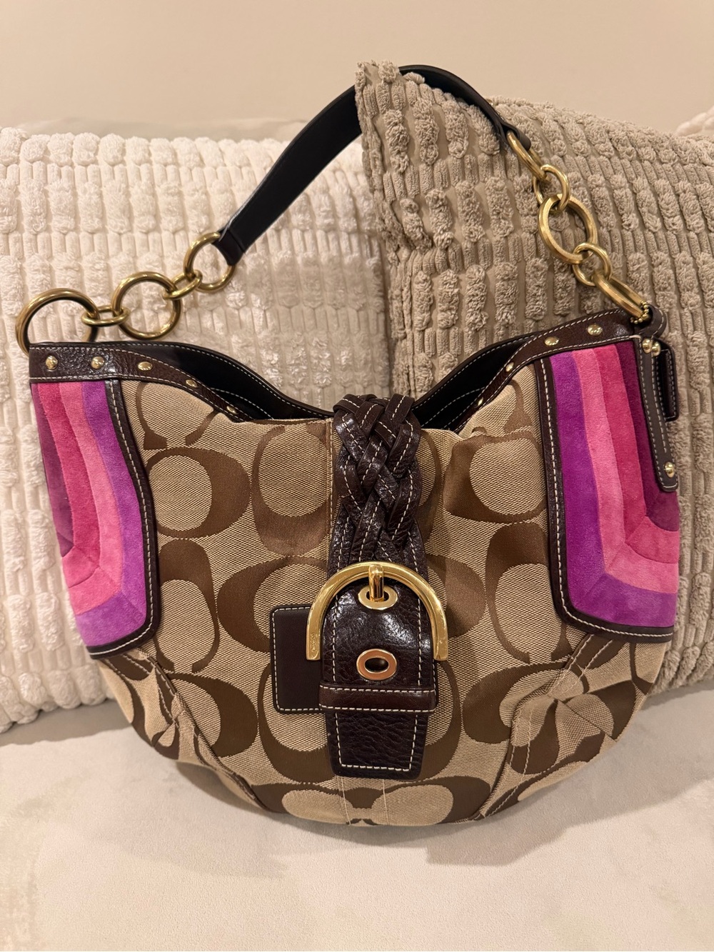 Authentic Rare Y2K Coach Brown Signature Canvas Hobo with Pink Suede Never Used